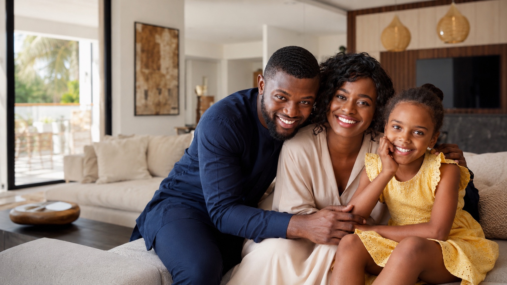 Famille heureuse dans le salon lumineux de leur maison à Dakar