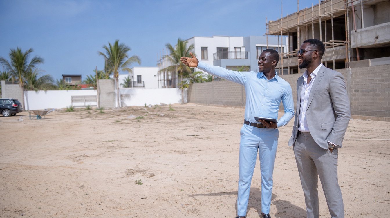 Conseiller Cissko présentant un terrain à bâtir à un client, villas en arrière-plan